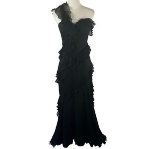 AMUR Silk Gown Womens 6 Black One Shoulder Ruffle Asymmetric Evening Maxi Dress